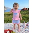 thumbnail image 4 of BemeyourBBs Toddler Baby Girls Summer Clothes 2 Piece Outfits Baby Christening Clothes God Is Good All the Time Letter Bow Embroidery Flying Sleeve T Shirt Tops and Ruffle Shorts Set, 4 of 9