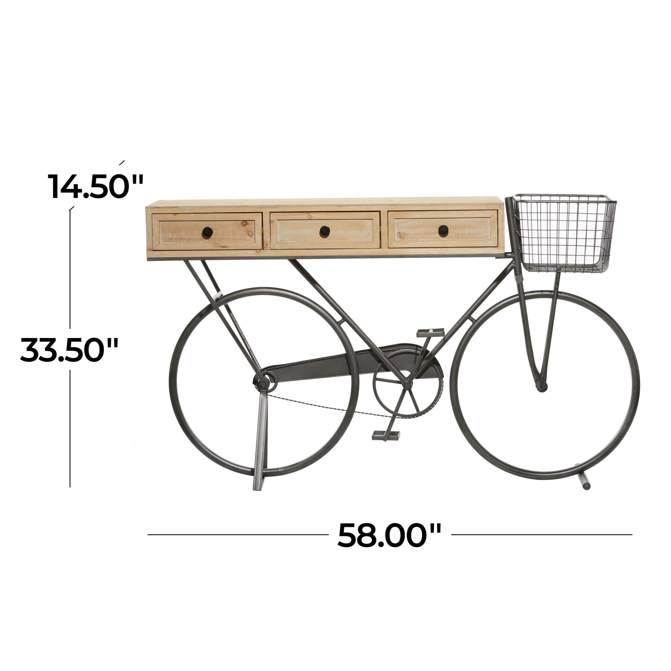 DecMode 58" x 34" Black Metal Bike 3 Drawer Console Table with Brown Wood Top, 1-Piece