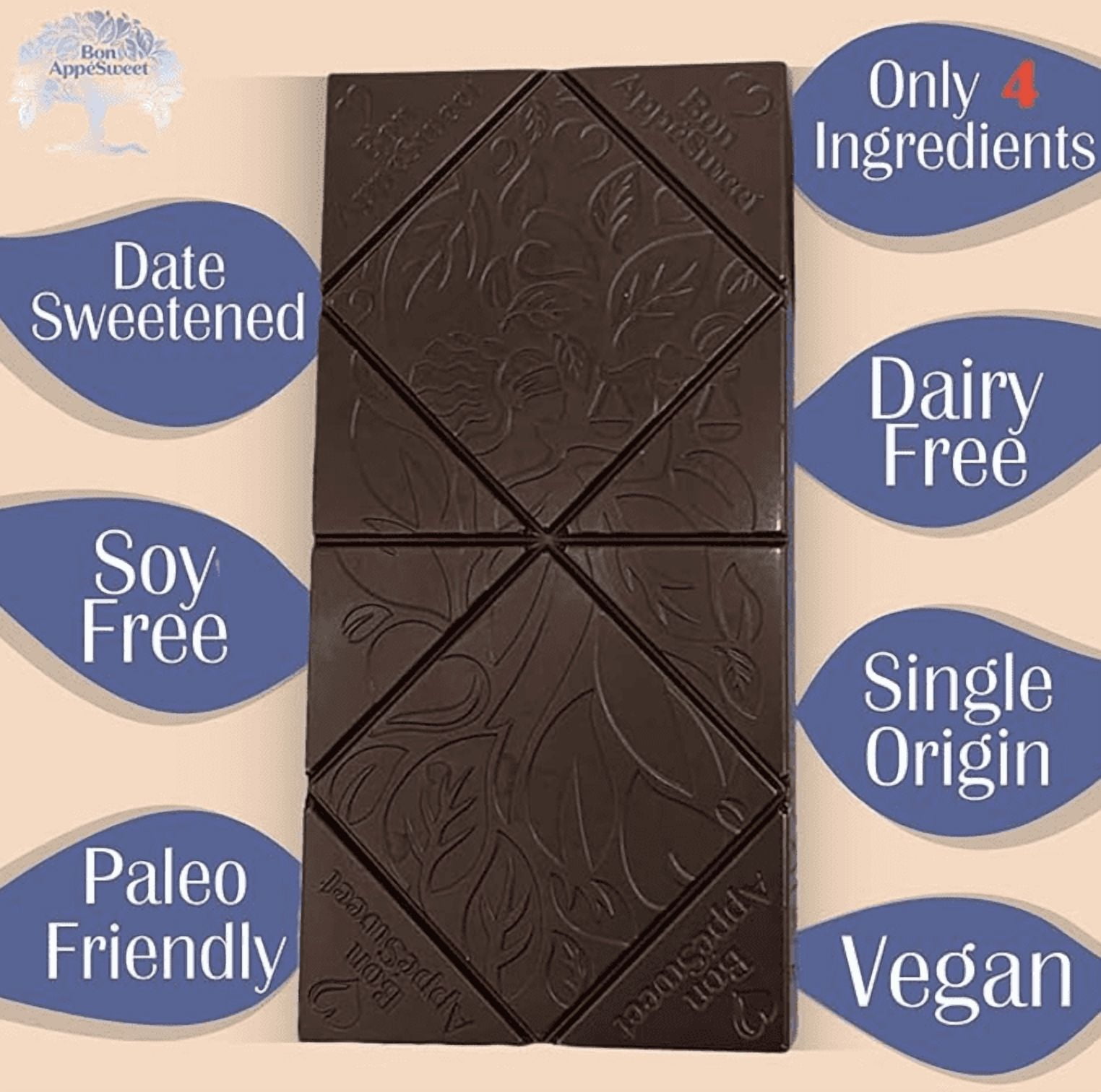 Bon Appesweet Date Sweetened Chocolate Bar - Better than Milk Chocolate | 2.2 Ounce (Pack of 5) | Organic, Zero Added Sugar, 54% Cacao, Plant Based, Dairy Free, and Guilt Free!