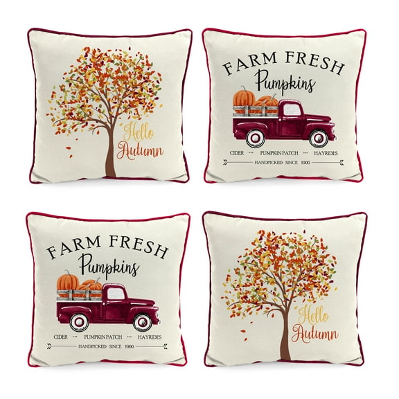 Set of 4 Hello Autumn and Pumpkins Truck Plaid Filled Outdoor Throw Pillows for Fall Patio Decor with Country Halloween Thanksgiving Theme