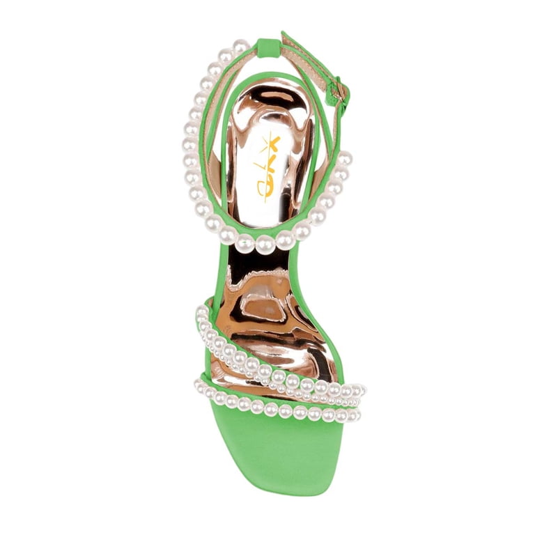 heels for green prom dress Xyd Women Bridal Pearl Strappy Square Open Toe Sandals Block High Buckle Ankle Strap Pumps Cocktail Shoes Size 7.5 Green, Women's stocked-online