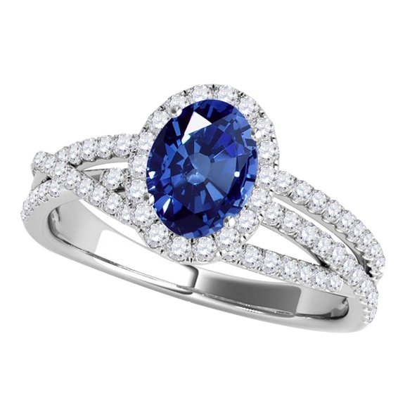 Mauli Jewels Rings for Women 1.22 Carat Halo Diamond And Oval Shape Sapphire Ring prong 10k White Gold