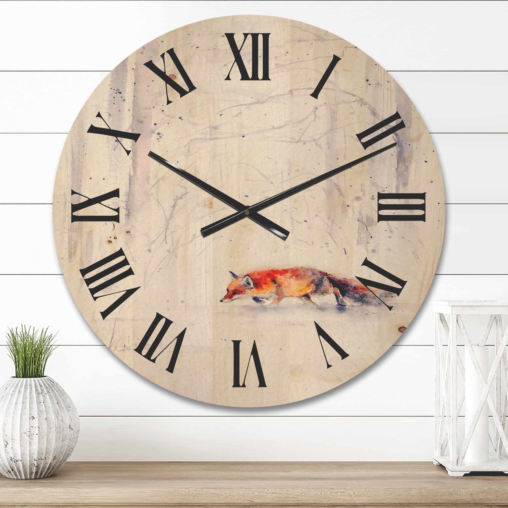 Designart 'Red Fox Running In White Snow in Countryside II' Farmhouse Wood Wall Clock