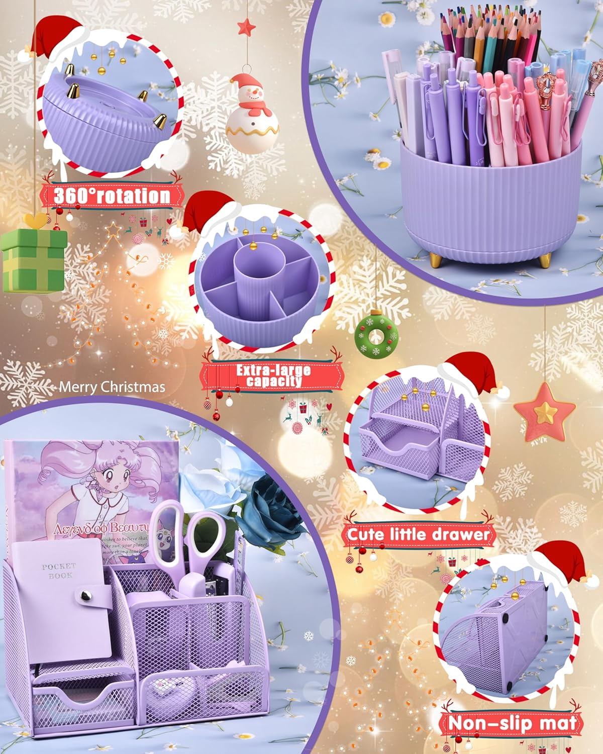 21Pcs Purple Desk Organizers and Accessories With Mesh Desk Organizer and 360°Rotating Pen Holder and a Lot of Office Purple Office Supplies Beautifully Presented in a Gift Box