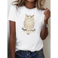 thumbnail image 1 of Owl Print Crew Neck T-shirt, Casual Short Sleeve Top For Spring & Summer, Women's Clothing Tee For Adult, Men, Women, Teen, Teenager, Adolescent, Youth., 1 of 5