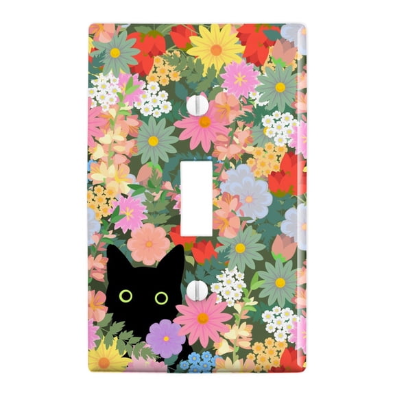 Black Cat Hiding in Spring Flowers Plastic Wall Decor Toggle Light Switch Plate Cover