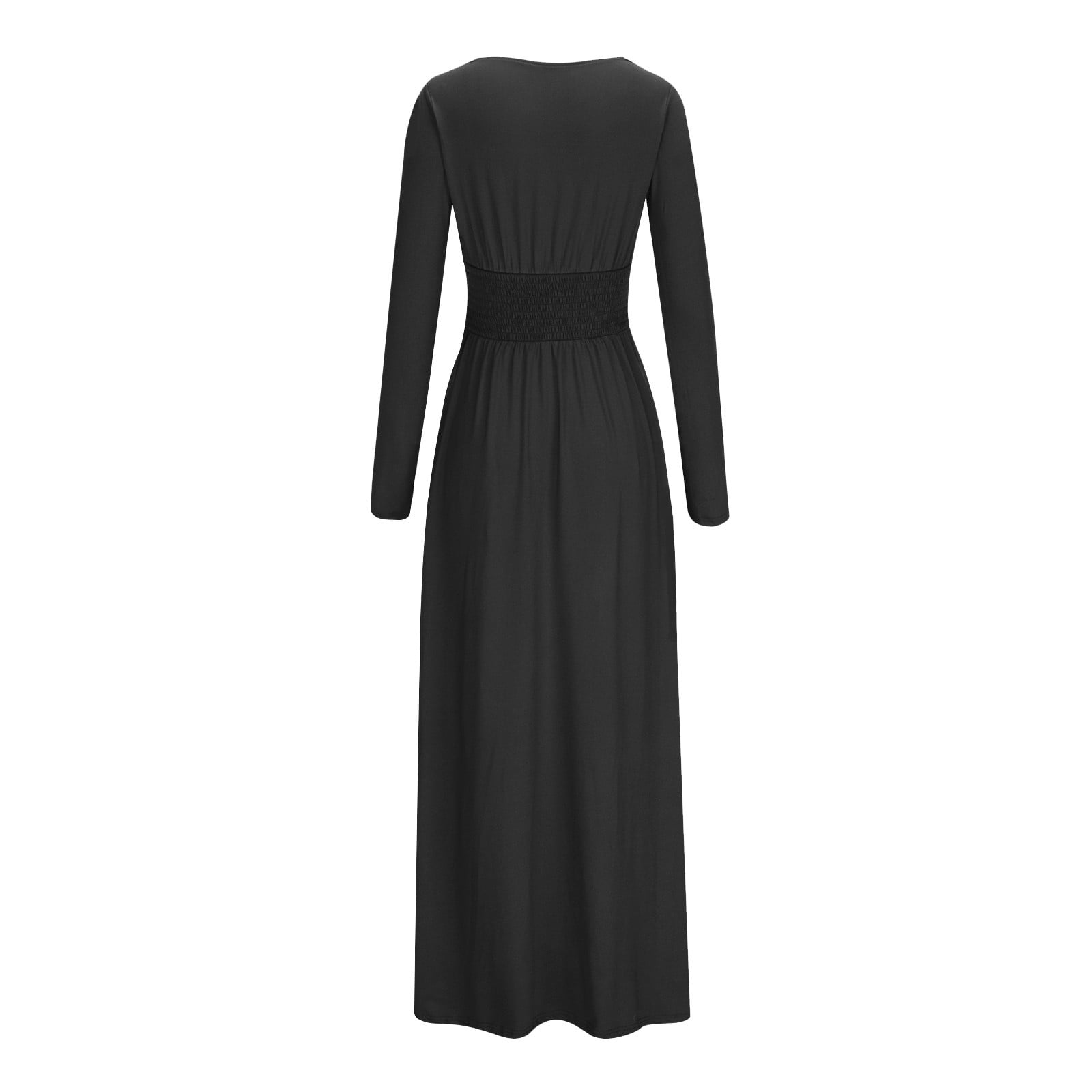 Long Sleeve Party Dress for Women Elegant Wedding Guest Evening Maxi Gown V Neck Pleated High Split Formal Dress (Large, Black)