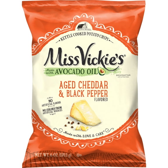 Miss Vickie's Aged Cheddar & Black Pepper Avocado Oil Kettle Cooked Snack Chips, 6.0oz Bag