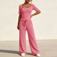 thumbnail image 3 of Pounoo Women's Loungewear Sets Ribbed Square Neck Stripe Short Sleeve Top And Wide Leg Pants Two Piece Outfits Daily Wear Soft Stretchy Comfortable Loungewear Gift, 3 of 6