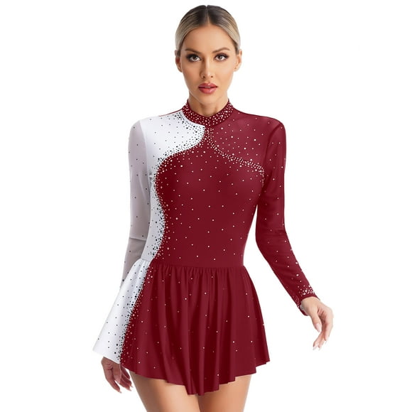 iefiel Robe de Danse Patinage Artistique Brillante pour Femmes avec Strass Manches Longues Justaucorps de Danse Lyrique Bourgogne m
