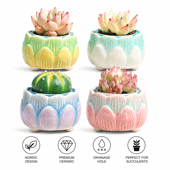 4 Pack Ceramic Succulent Pots, Gradient Glaze Small Cactus Flower Planters with Drainage for Home Desk Decor