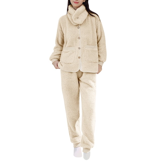 TJAZFJPA Ensemble de Pantalon 2 Pcs pour Femmes Grande Taille Femmes Col à Revers Rayé Flanelle Pantalon à Manches Longues Bouton Poche Ensemble Pyjama Robe Pantalon Ensembles Femmes Tenues 2 Pcs Formel Grande Taille