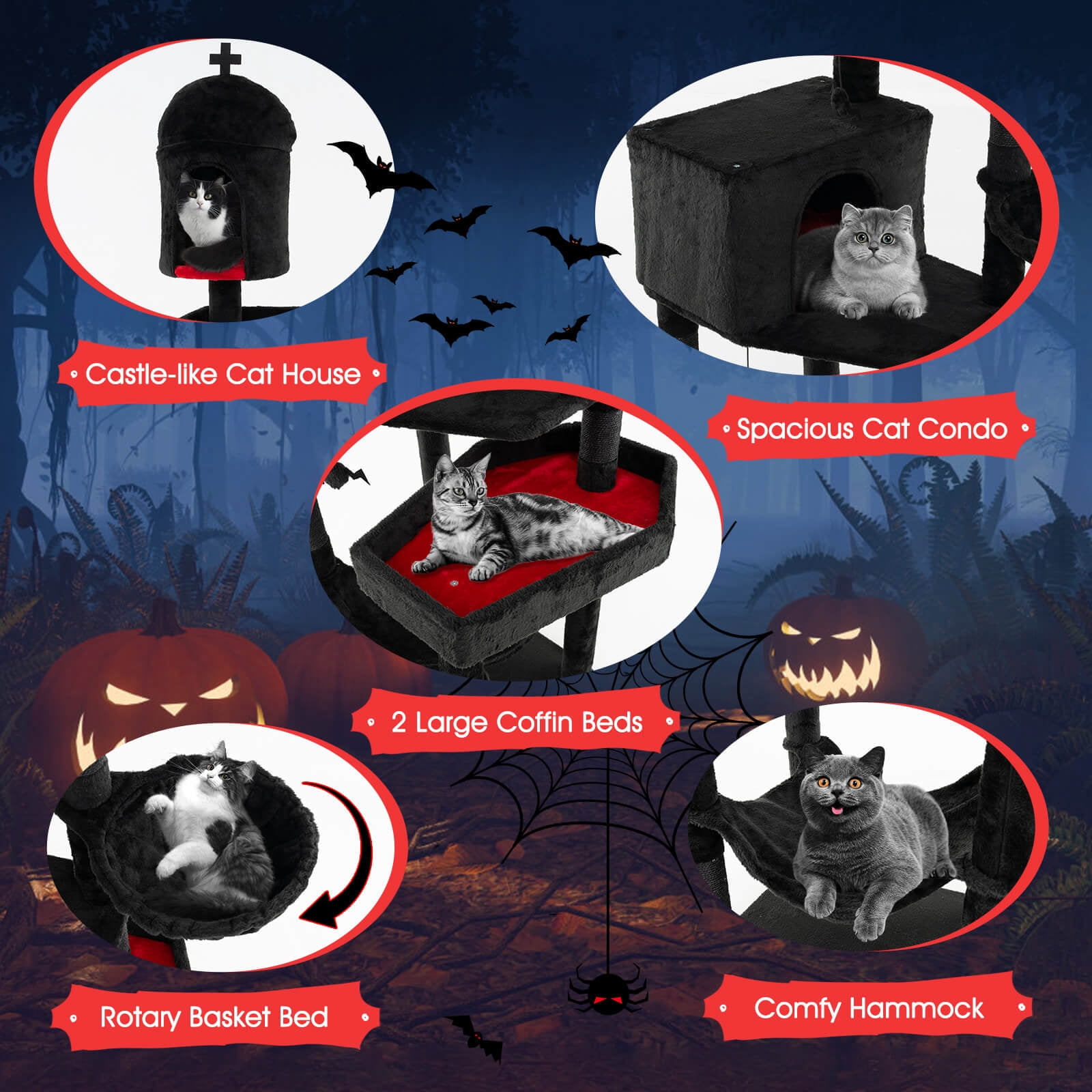 Infans Gothic Cat Tree for Indoor Cats Extra Large Cat Tower w/2 Cat Condos Coffin Bed