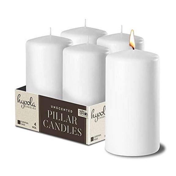 Hyoola 2" x 4" White Pillar Candles, 4 Pack, 25 Hour Burn Time, Dripless & Unscented, European Made with Smokeless Cotton Wicks for Weddings, Centerpieces, Events, Church & Home Decor