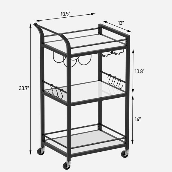 Bar Cart with 3-Tier Mirrored Shelf and Wine Rack, Black Rolling Serving Cart for Home Kitchen Office