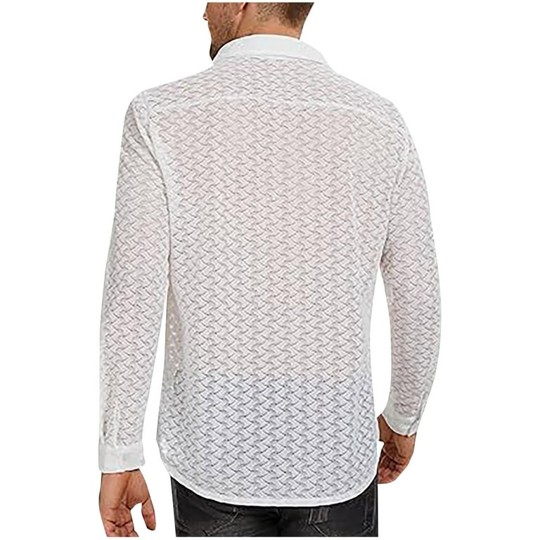 FAIWAD Men's See Through Lace Shirt Soft Mesh Button T