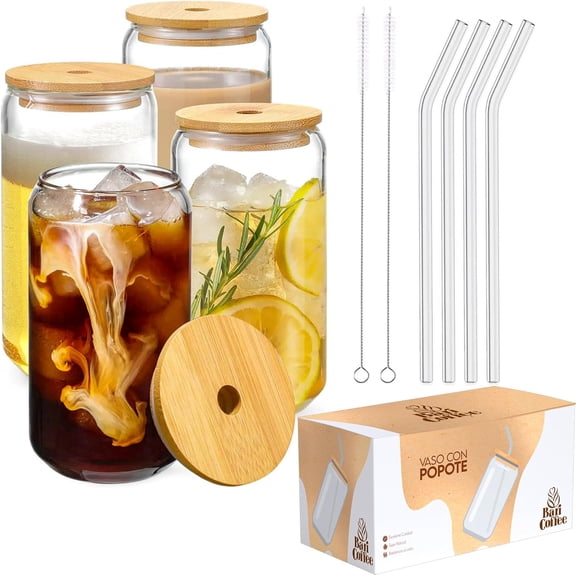 Juego de 4 Vasos de Cristal Baricoffee, Tapa de Bambú, 16 oz, Forma de Lata Vaso