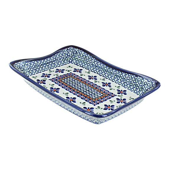 Blue Rose Polish Pottery Mosaic Flower Large Rectangular Tray