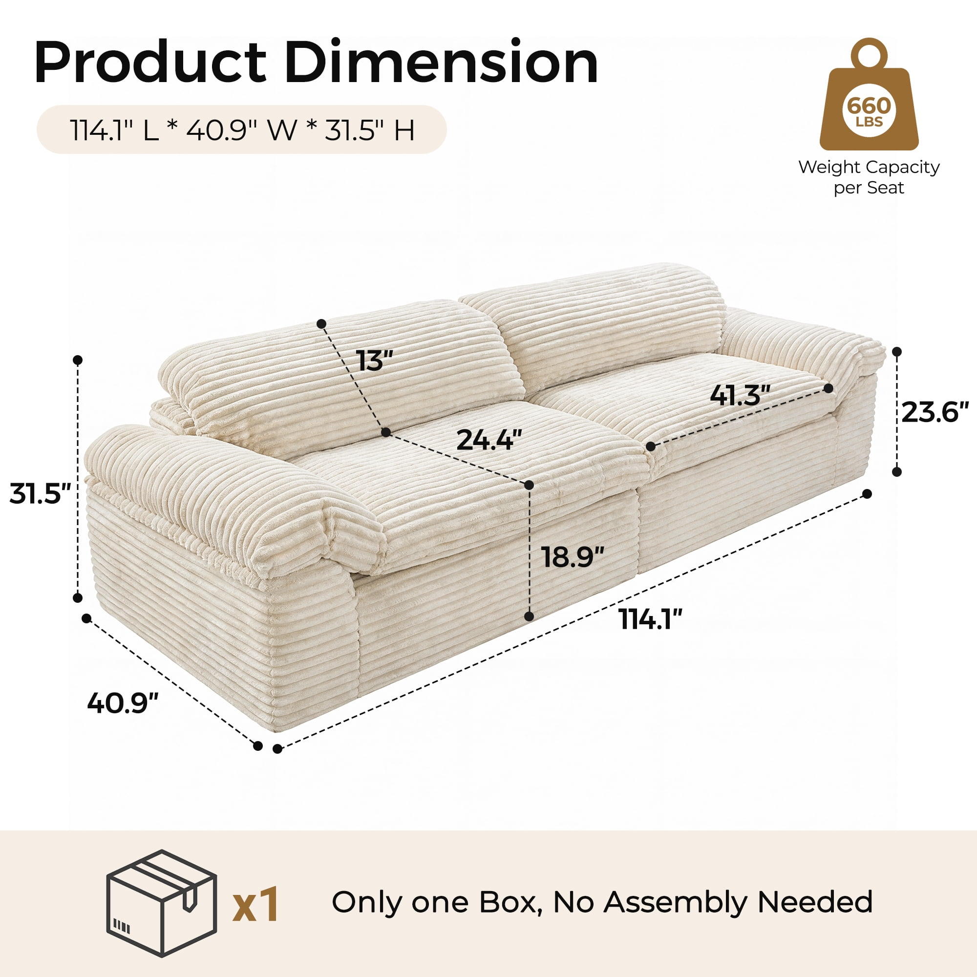 Neche 114" Boneless Sofa Couch for Living Room, Deep Seat, Soft Corduroy Design, Camel