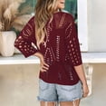 thumbnail image 6 of Crochet Coverups for Women Loose Fit Hollow Out Off the Shoulder Top Summer Beach Travel 3/4 Sleeve Swim Cover Up Wine XL, 6 of 7