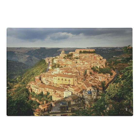 Sicily Cutting Board, Scenic View of Village Ragusa Ibla at Sunset Unique Old Architecture, Decorative Tempered Glass Cutting and Serving Board, in 3 Sizes, by Ambesonne