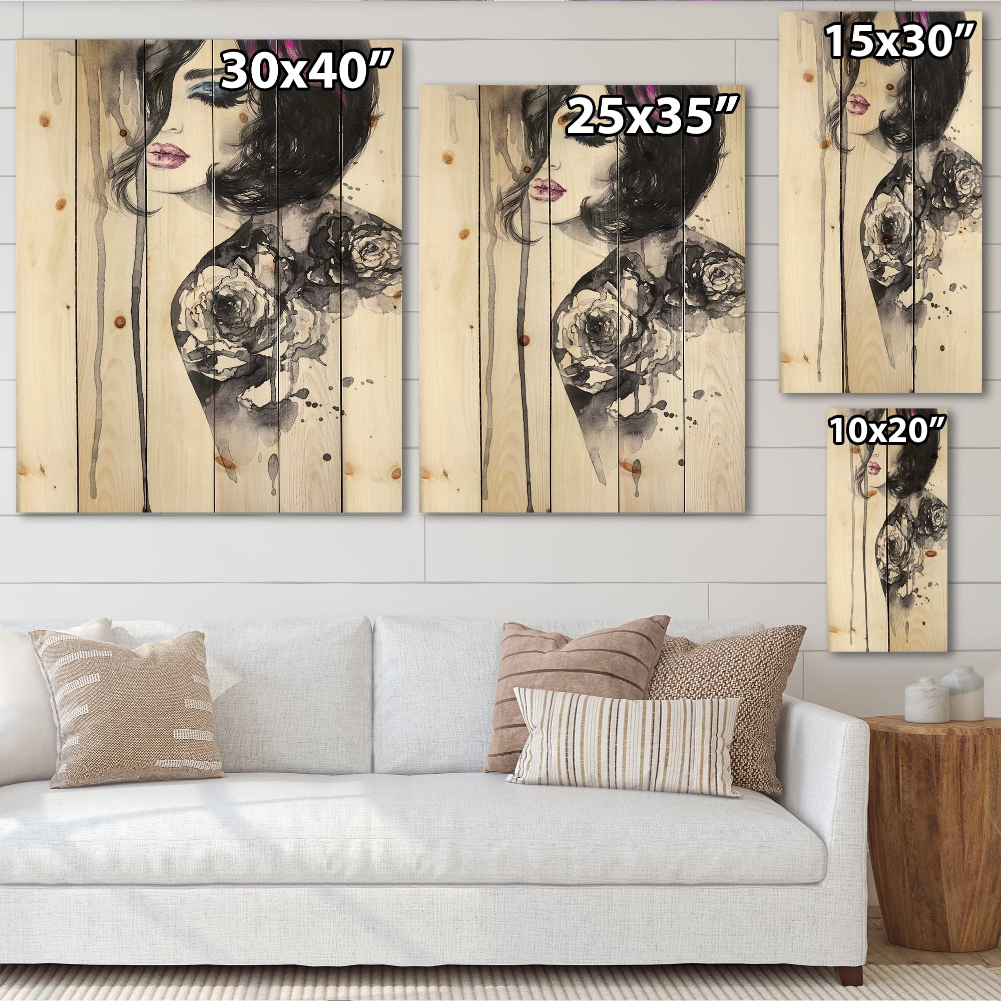 Designart 'Monochrome Female Portrait With Colorful Makeup' Modern Print on Natural Pine Wood