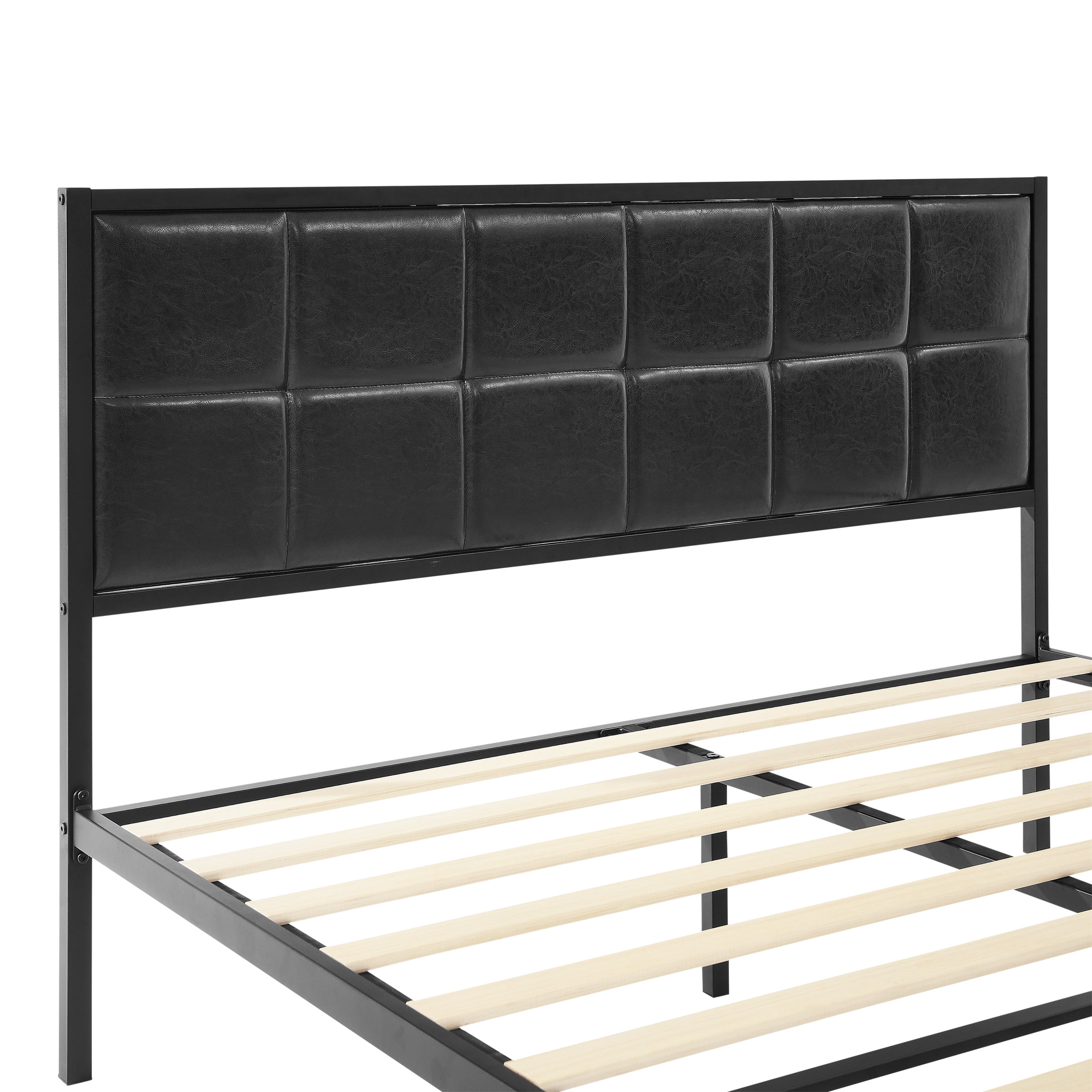 BSHTI QUEEN Size Platform Bed Frame, with Upholstered Headboard, Adjustable Headboard, Faux Leather Upholstery, and Center Support Leg, Easy Assembly Black