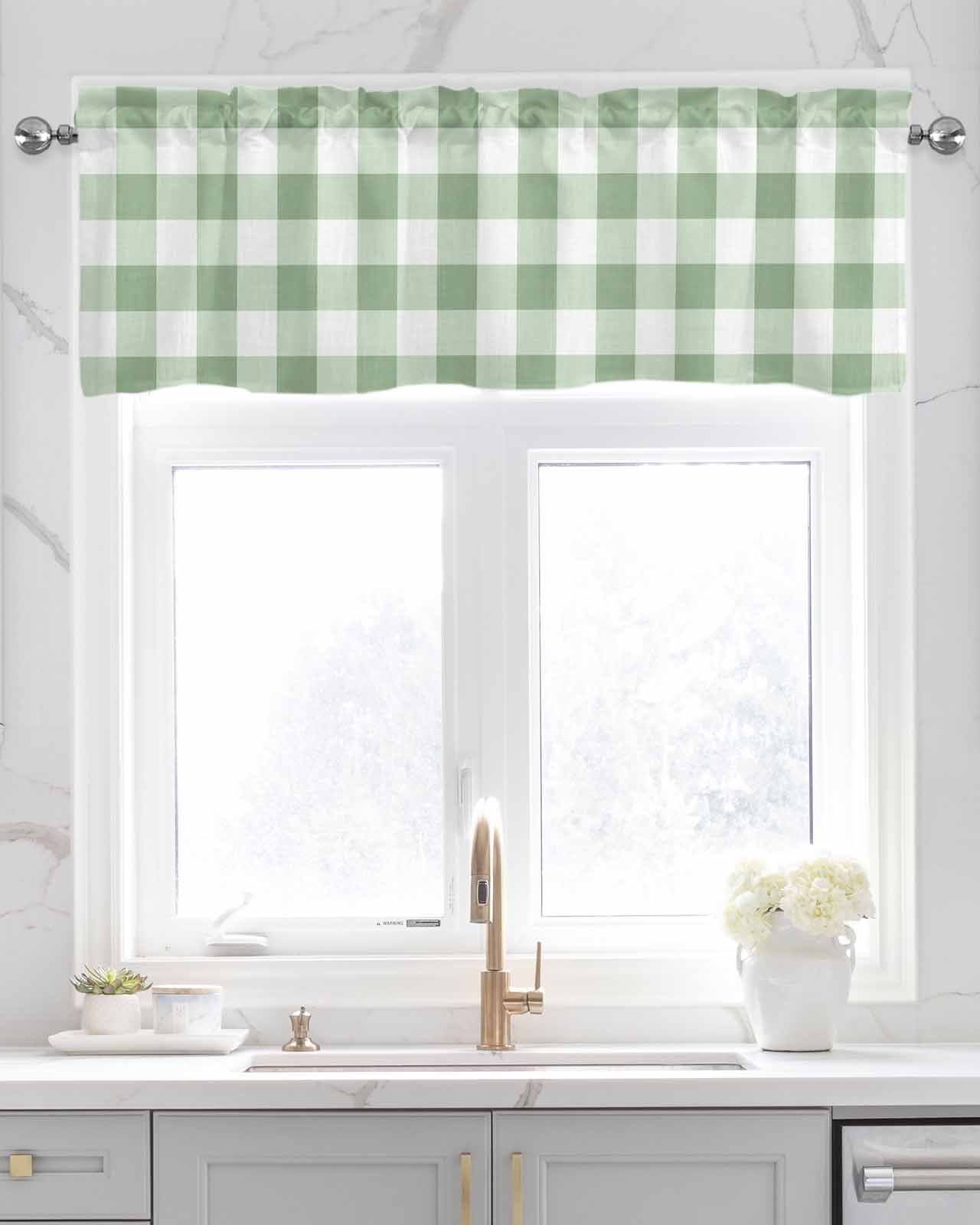 Sage Green Lattice Linen Curtain Valance for Bedroom/Bathroom/Kitchen/Office/Living/Dining Room Windows, Farmhouse Pastoral Buffalo White Check Rod Pocket Topper Decorative Cafe Drapes Panel 54"x18"