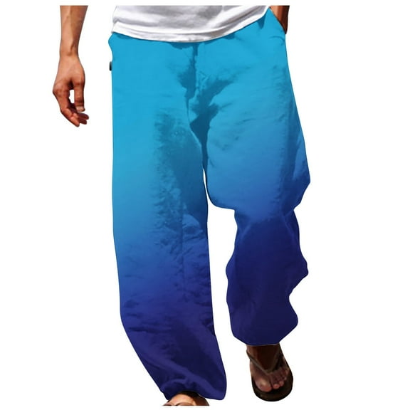 WREESH Men's Drawstring Sweatpants Summer Casual Fashion Gradient Printing Elastic Waist Straight Trousers Blue