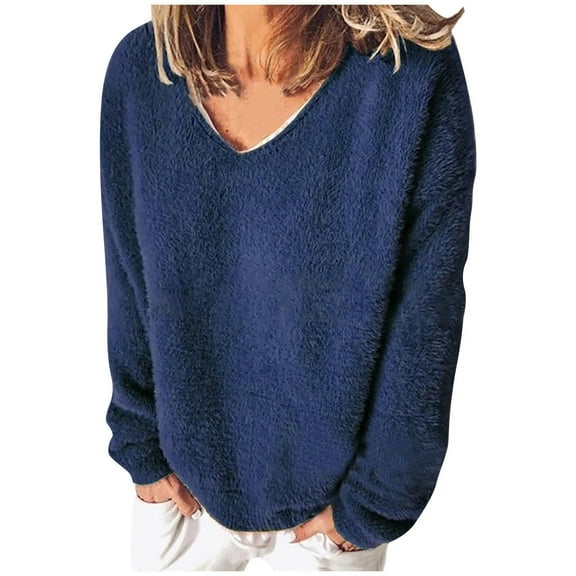 CQONEPT Sherpa Fleece Pullover Tops for Womens Plus Size Thick Thermal Long Sleeve Shirts V Neck Soft Fall Winter Lounge Navy 5XL