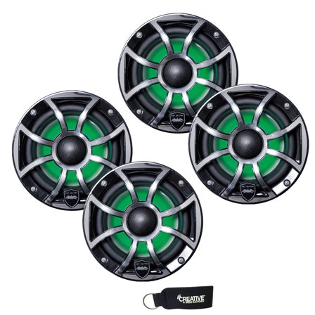 Wet Sounds - Two Pairs Of REVO 6-XSB-SS Black XS / Stainless Overlay Grill 6.5 Inch Marine LED Coaxial Speakers