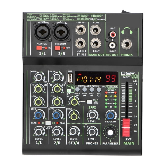 Mini Mixeur 4 Canaux Individuel +48V 99 DSP Effets USB Console de Mixage pour Ordinateur