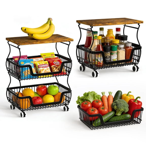 HaiNova 3-Tier Rolling Pantry Cart with Wheels and Top Shelf, Stackable Wire Snack Cart for Pantry Shelves, Kitchen Fruit, Vegetables Stand