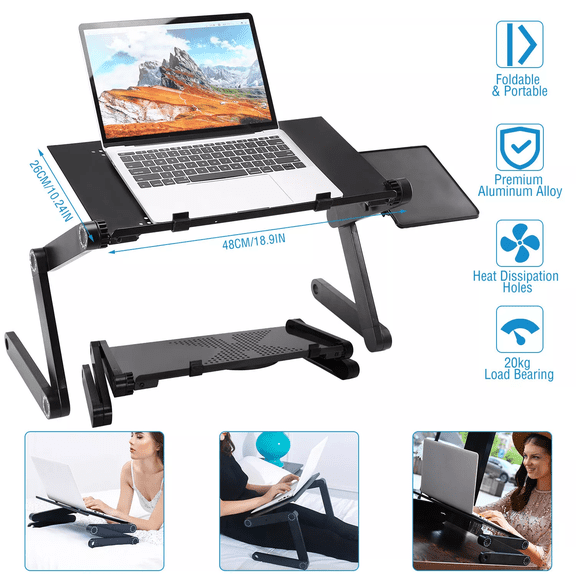 360° Adjustable Laptop Computer Lap Desk Portable Multifunctional Cooling Ergonomic Vented Table TV Bed Tray Stand Mount Holder (Black)