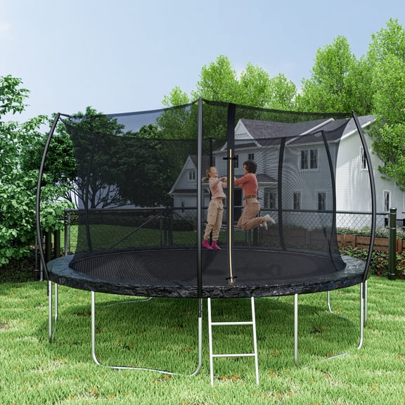 Leumius 12FT Trampoline for Kids and Adults,Outdoor Trampolines with Safety Enclosure Net,Curved Fence Pole,Round Recreational Trampoline with Ladder,Black