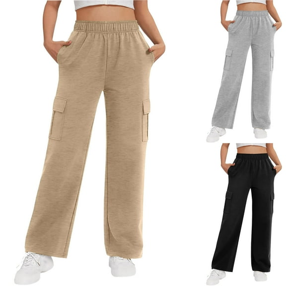 Jacenvly New Wide Leg Trousers for Women Solid Casual Full Length Pants Soft Comfort High Waisted Expandable Waist Pocket Dress Pants Women Plus Size Yoga Pants Women Khaki Xl