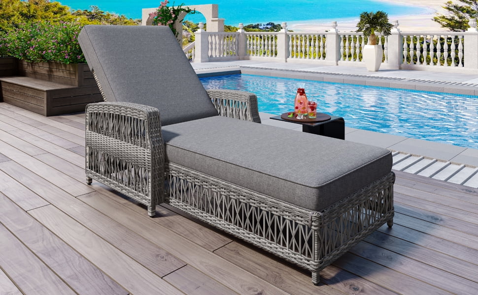 Euroco Outdoor Long Reclining Chaise, Wicker Lounge with Armrests, Patio Adjustable Recliner with Soft Removable Cushions, All Weather Rattan Pool Lounge