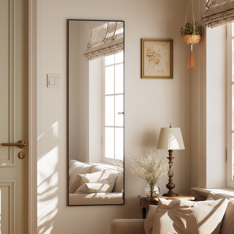 Easy4Home 50"x16" Full Length Door Mirror Wall Mounted Hanging Mirror with Metal Frame, Black