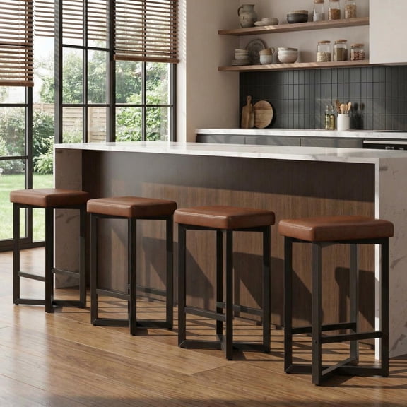 Counter Height Bar Stools Set of 4, 24.6 Inch PU Leather Upholstered Barstools with Thick Cushion, Modern Backless Kitchen Island Stools for Dining Room, Pub, Cafe, Brown