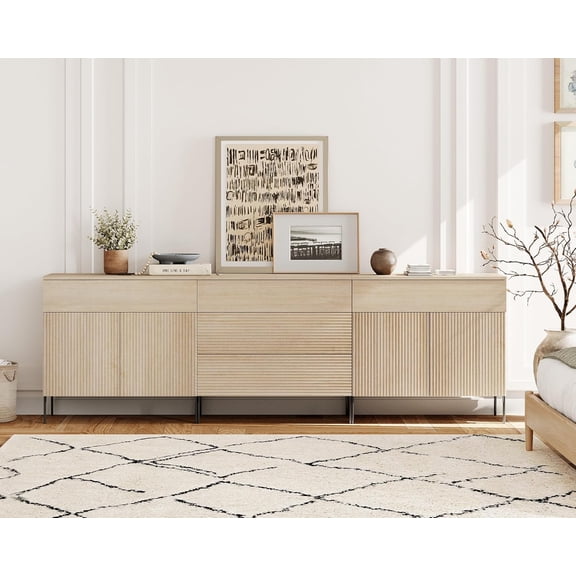 WAMPAT Fluted Dresser for Bedroom with 5 Drawers & 4 Doors, Modern Wooden Chest of Drawers with Hidden Handles, Extra Storage Dresser TV Stand Closet Organizer for Bedroom & Living Room, Beige