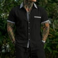 thumbnail image 2 of Men's 2 Piece Beach Outfit, Button Down Short Sleeve Shirt With Striped Trim And Drawstring Shorts Set, Lightweight Linen Style Casual Summer Vacation Suit,Black,L, 2 of 4