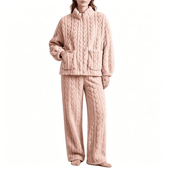 CAZOFW Pajamas for Women,Flannel Zip Up Long Sleeve Top Pants Set Warm Fleece Sleepwear Sizes L-2X