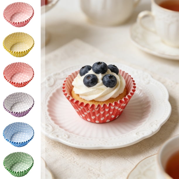 Yhmxh 100 moldes de papel estándar para hornear, moldes antigrasa para hornear, moldes de papel de tamaño estándar para hornear, moldes de papel con lunares para cupcakes, muffins, dulces, fiestas