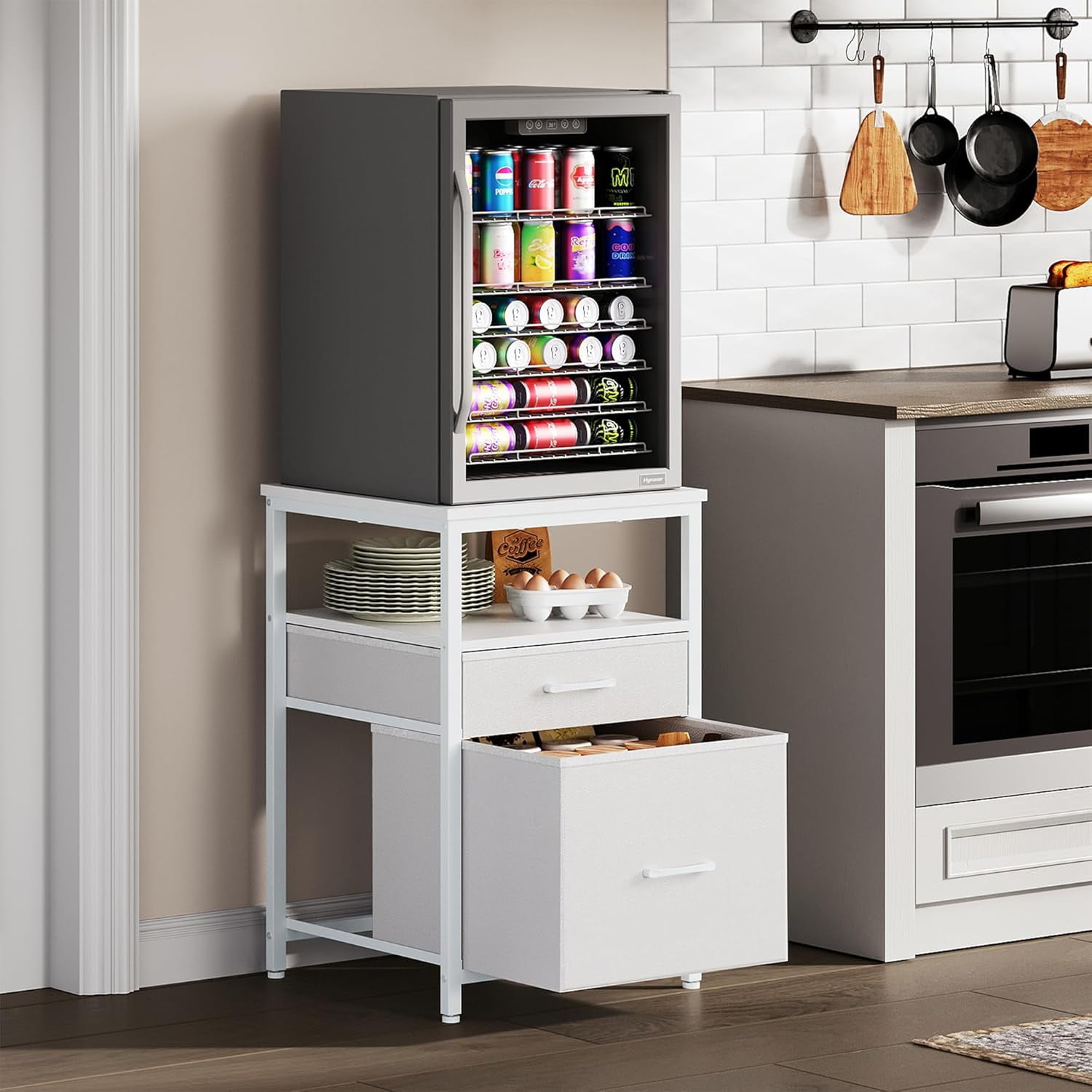 Mini Fridge Stand with 3 Storage, Mini Fridge Cabinet, Beverage Fridge Table, Heavy Duty 18.11" L* 18.11" W Tabletop, for Dorm, Apartment,Office, Bedroom