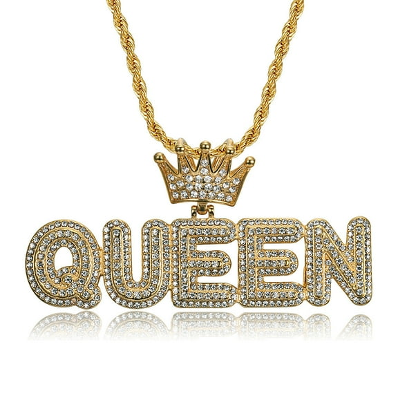 Men Women Hip Hop Full Rhinestone KING QUEEN Letter 14K Yellow Gold Pendant Necklace Cuban Chain HipHop Iced Out Bling Necklaces Charm Jewelry