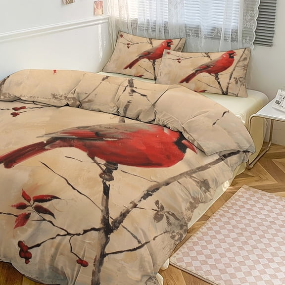 3 Pcs Soft Bedding Set, Includes 1 Duvet Cover with Zipper And 2 Pillow,Shams Red Bird Northern Cardinal Twin(86"x70")