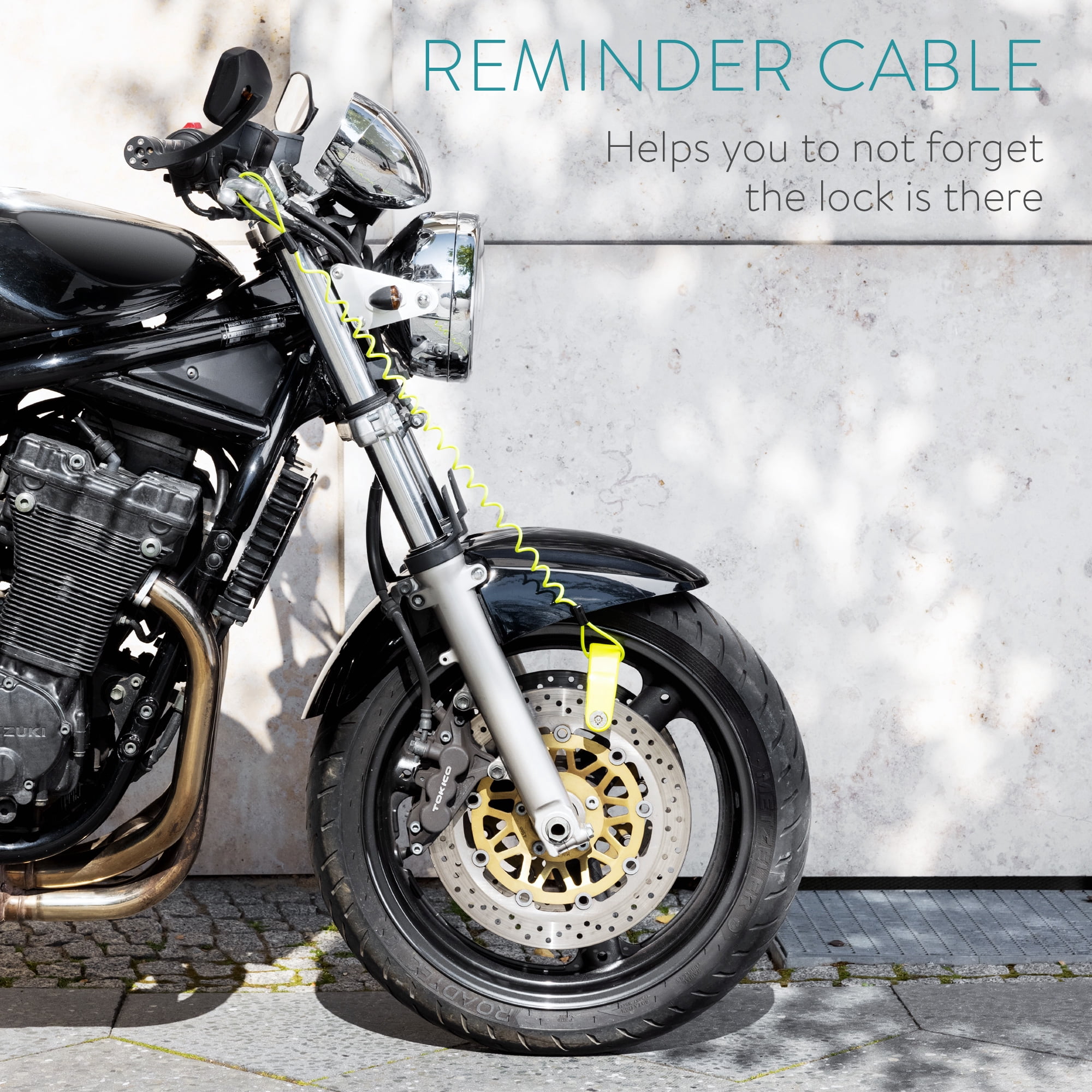 Navaris Motorcycle Disc Lock with Alarm - 110dB Anti-Theft Brake Wheel Caliper Lock with 4FT Reminder Cable for Motor Bike, Scooter, Moped - Green
