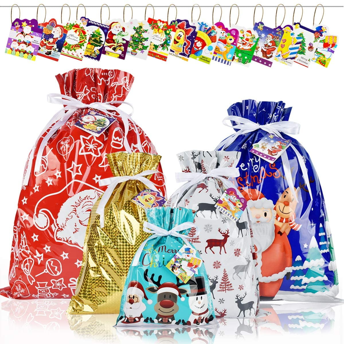 15PCS Christmas Drawstring Gift Bags with Tags 6 Different Designs Christmas Wrapping Bags 4