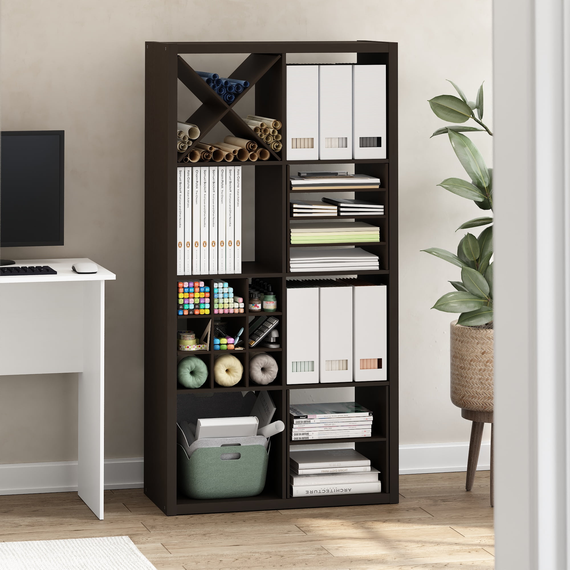 Furinno CUBICLE 9-Compartment Bottle Storage Cube Organizer Insert in Dark Oak
