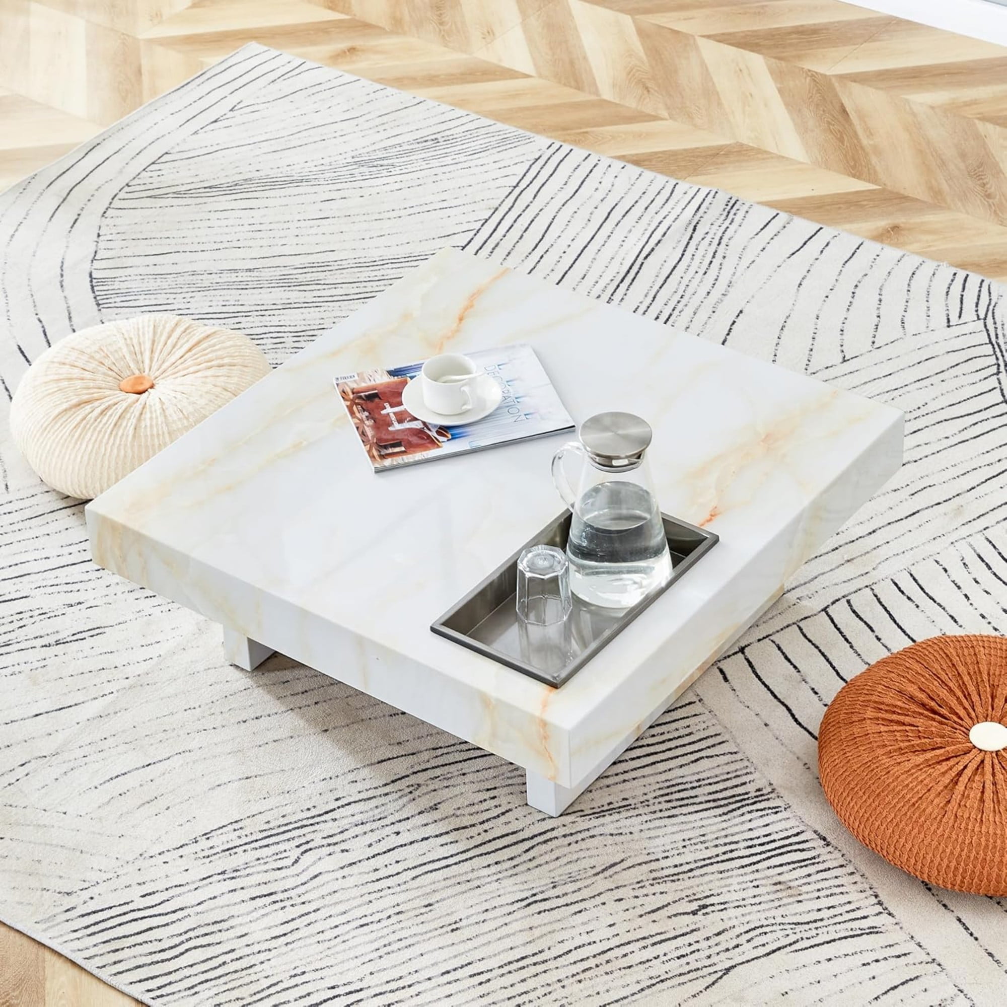 Compact Marble Coffee Table, Sudica 31" Square Center Table with Stainless Steel Storage for Living Room, Beige